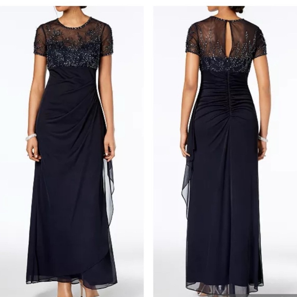 XSCAPE Beaded Illusion Mesh Empire Waist Gown Size 8 – Formal/Prom/Black-Tie